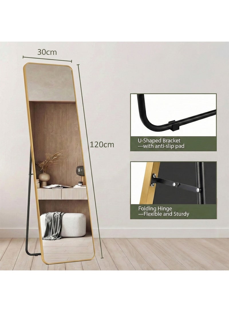 تايمي مرآة مستطيلة الشكل مقاس 120×30 سم بحواف دائرية، مرآة كاملة الطول مع حامل وإطار معدني، مرآة أرضية، مرآة حائط معلقة أو مائلة لغرفة المعيشة، غرفة النوم، المدخل، ذهبية - Image 5